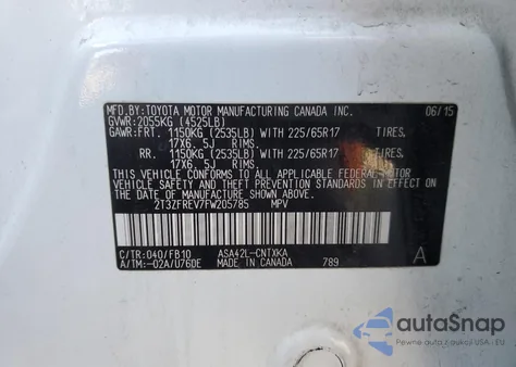 2015 Toyota Rav4 Le z USA, uszkodzony, nr VIN 2T3ZFREV7FW205785